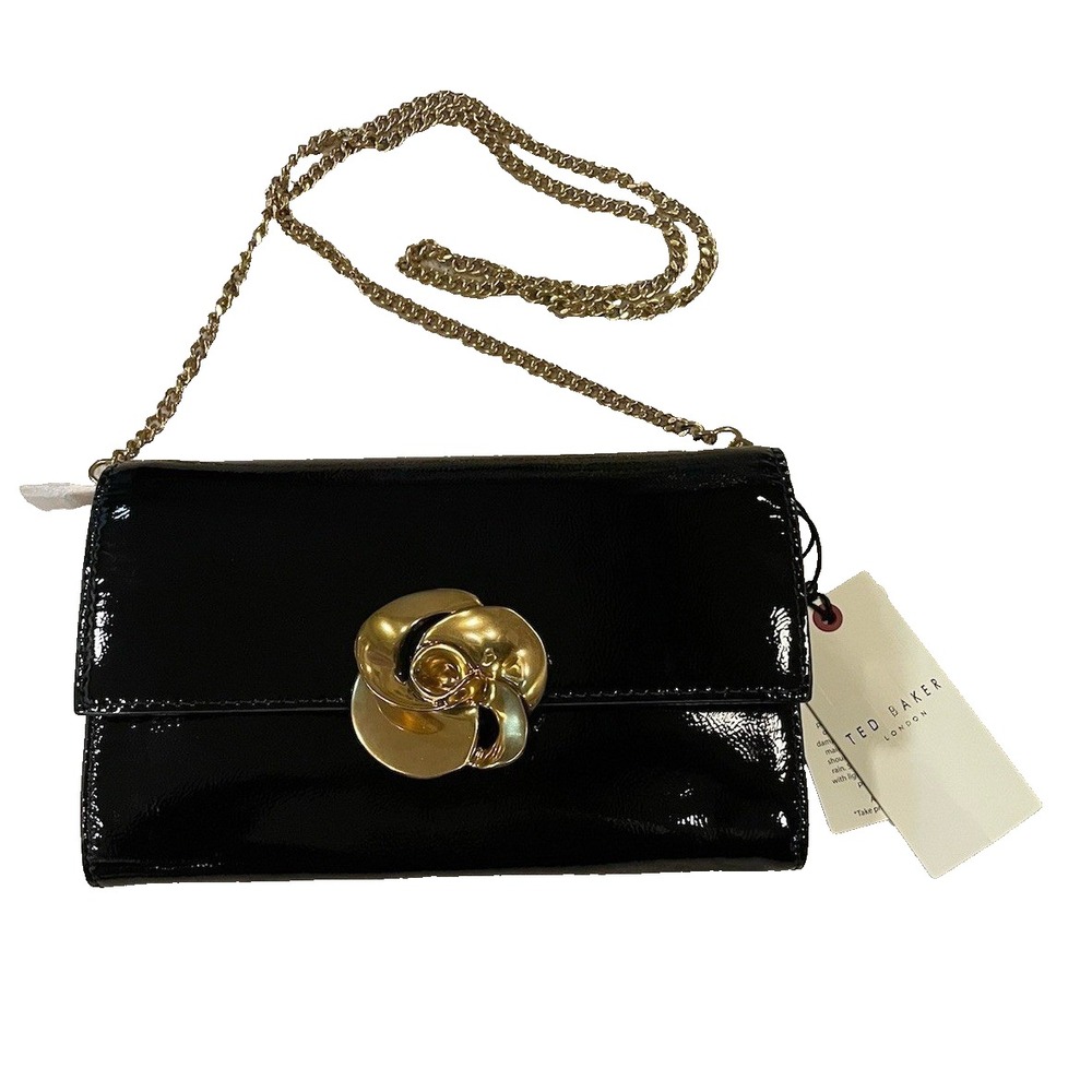 TED BAKER London Kira Rose Clutch Black Leather Shoulder Bag with Chain Stap NWT